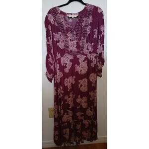 Nurture Burgundy Floral Print Boho Midi Dress Long Sleeve Embroidered Bib Large
